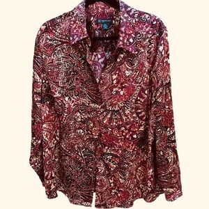 INC Embellished Paisley Floral 100% Silk Button Down Blouse Burgundy Wine 18W